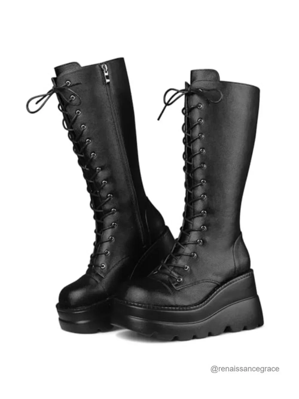 Women's Goth Combat Platform Wedge Boots Faux Leather Chunky Heel Lace Up